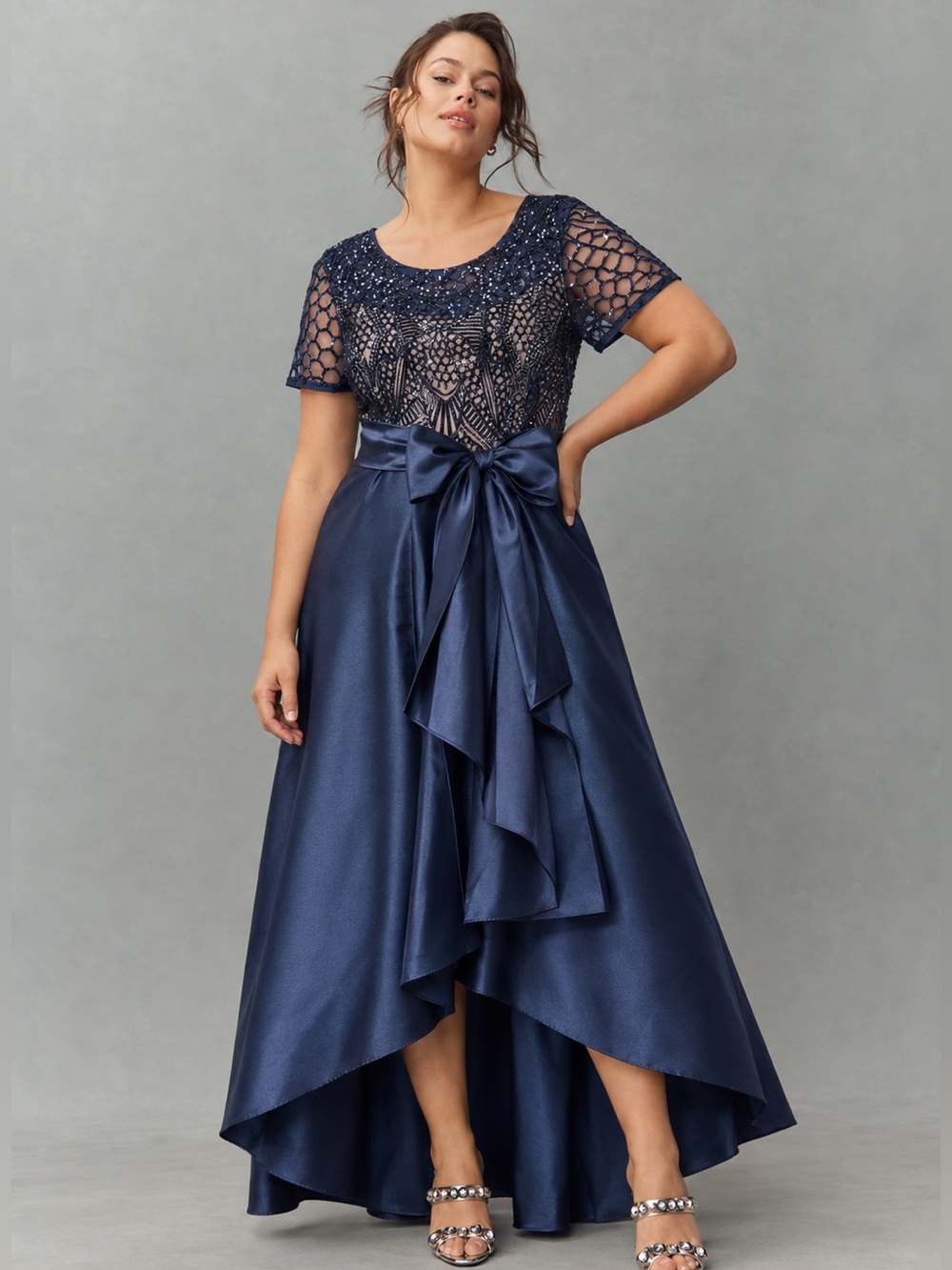 NWT R&M Richards Navy Sequin Beaded Illusion Satin High Low Gown 22W